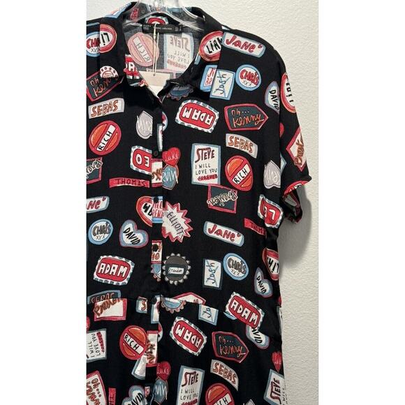 Zara Size Medium Boys Names Heart Print Drop Waist Dress Button Front Artsy RARE - Picture 3 of 9